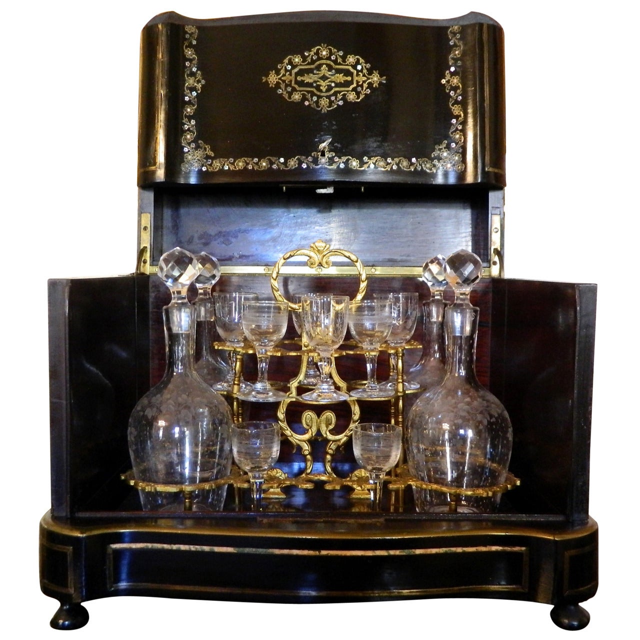 French Boulle and Brass Inlay Tantalus Set or Liquor Cabinet, circa 1870