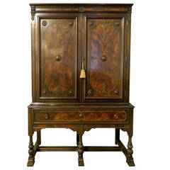 Antique Burl Walnut Cabinet or Armoire with Two Doors over Two Drawers, 19th Century