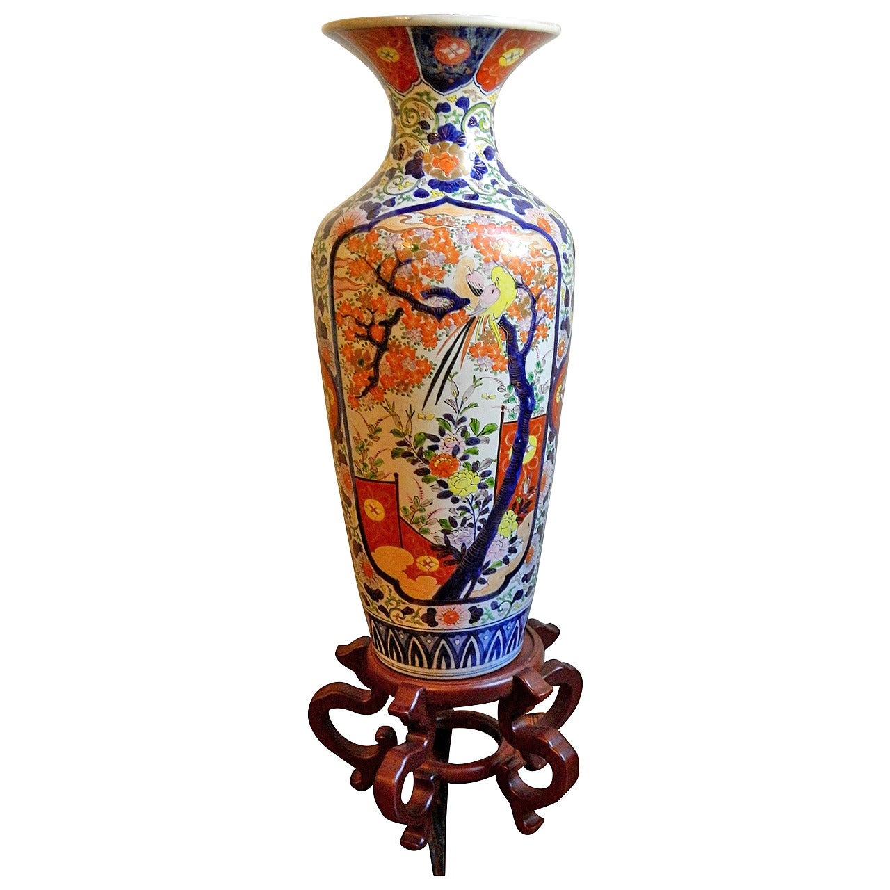 Imari Porcelain Palace Urn or Vase on Wood Stand, Late 19th Century