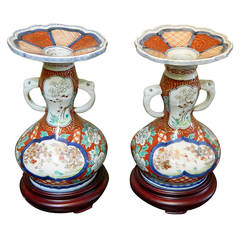 Pair of Imari Candlesticks in Vase Shape with Handles, Late 19th Century