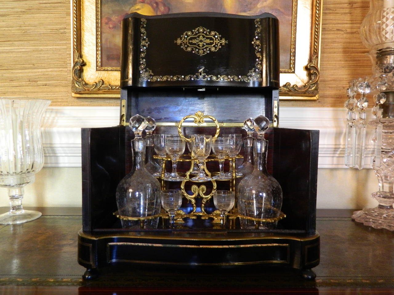 French Boulle and Brass Inlay Tantalus Set or Liquor Cabinet, Circa 1870.  Set includes four decanters and 8 glasses