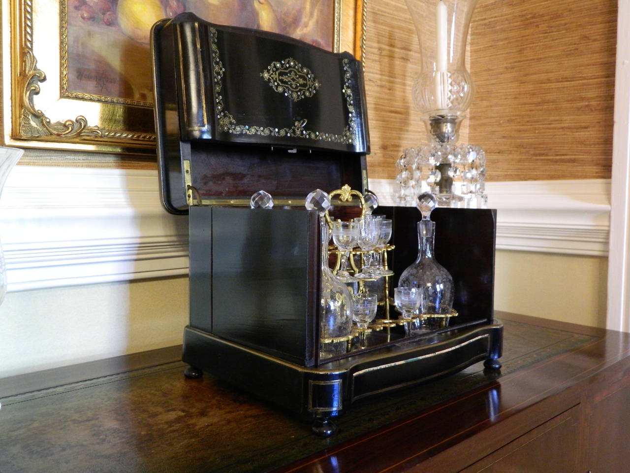 French Boulle and Brass Inlay Tantalus Set or Liquor Cabinet, circa 1870 In Excellent Condition In Savannah, GA