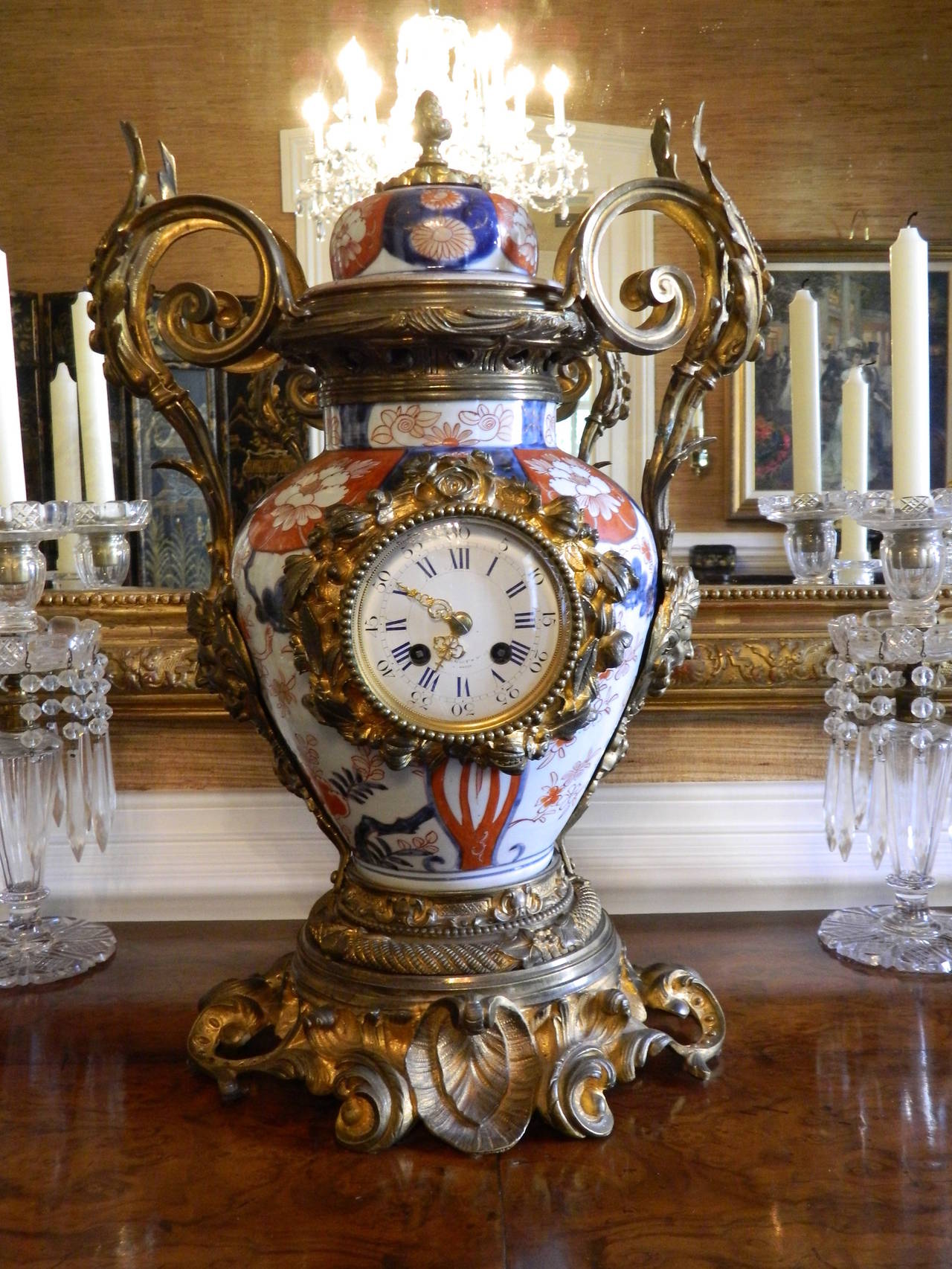 Louis XV Imari Porcelain Vase with Bronze Dore Garniture Mantel Clock, Circa 1880.  Clock face reads 