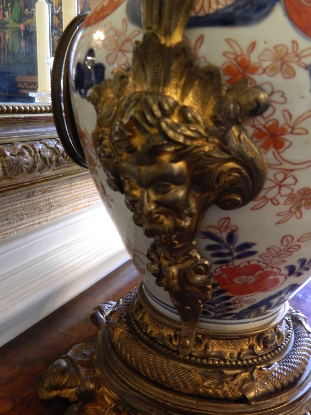 French Louis XV Imari Porcelain Vase with Bronze Dore Garniture Mantel Clock