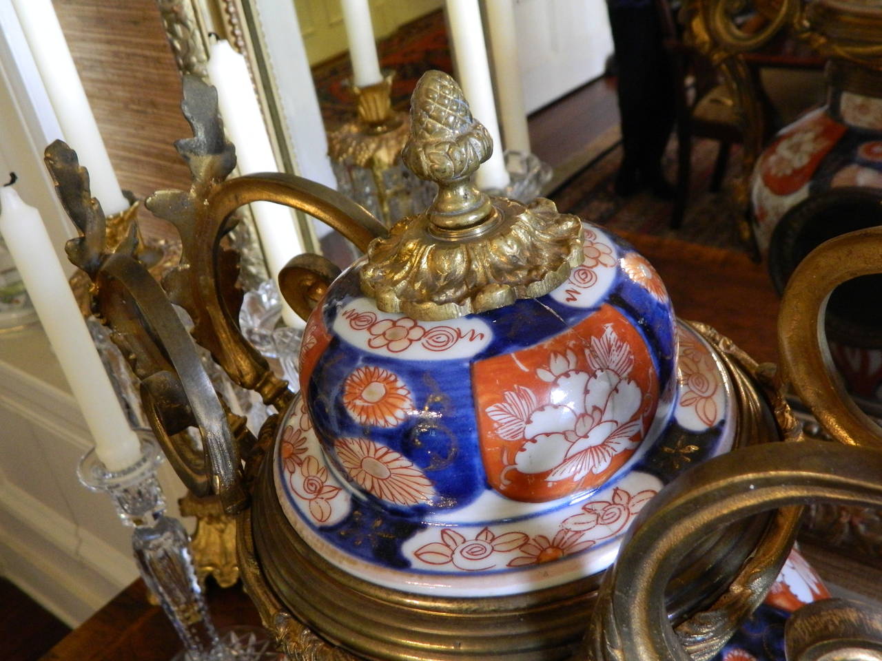 Louis XV Imari Porcelain Vase with Bronze Dore Garniture Mantel Clock 1