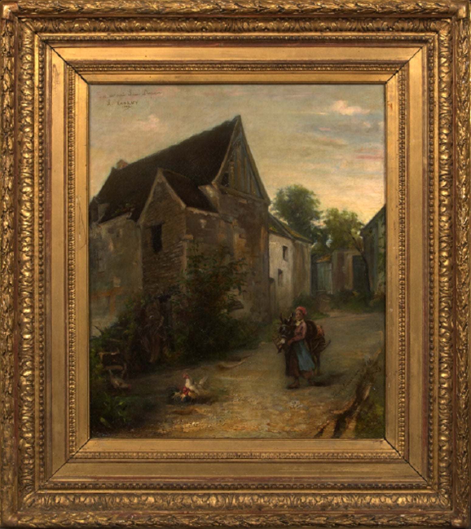 French Oil on Canvas "Peasant Girl and Donkey in Village Pond", Circa 1879