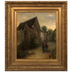 French Oil on Canvas "Peasant Girl and Donkey in Village Pond", Circa 1879