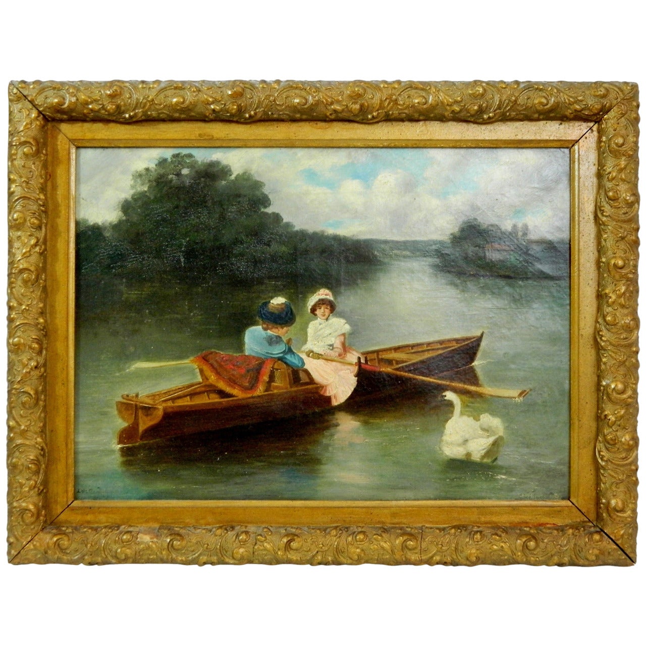 Oil on Canvas “Pastoral, Ladies in a Boat, ”  Indistinctly Signed "Lo[..]"