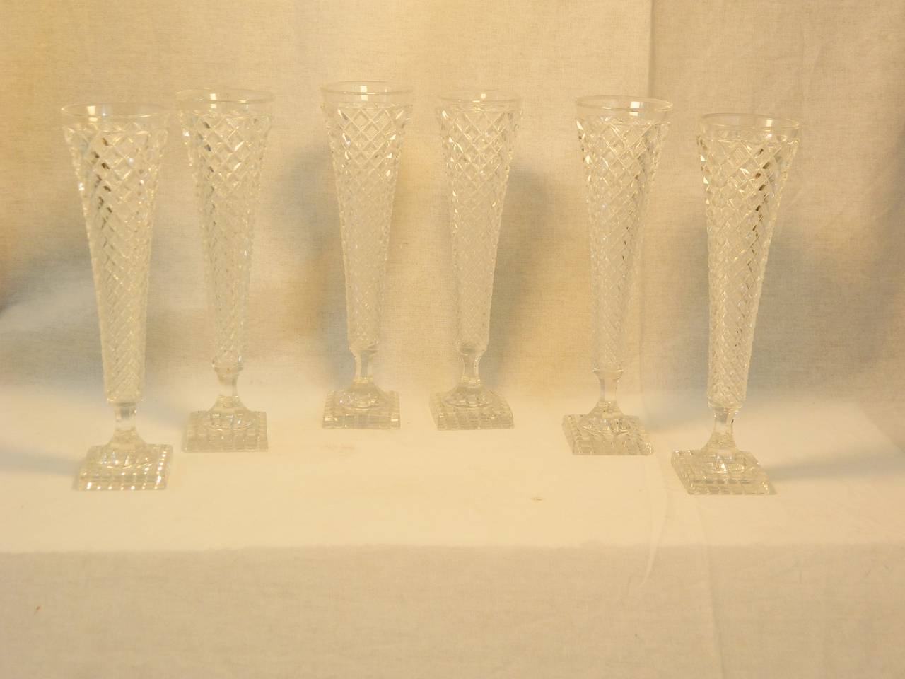 Set of Twelve Hand Made Baccarat Cut Glass Champagne Flutes, France, Circa 1890.  Excellent condition