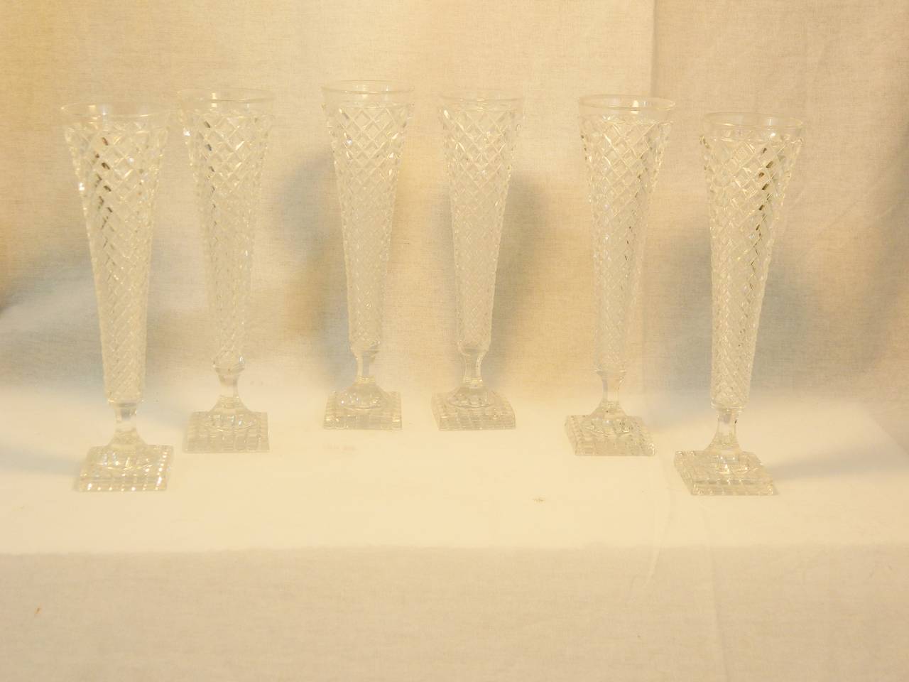 French Set of Twelve Handmade Baccarat-Cut Glass Champagne Flutes, circa 1890