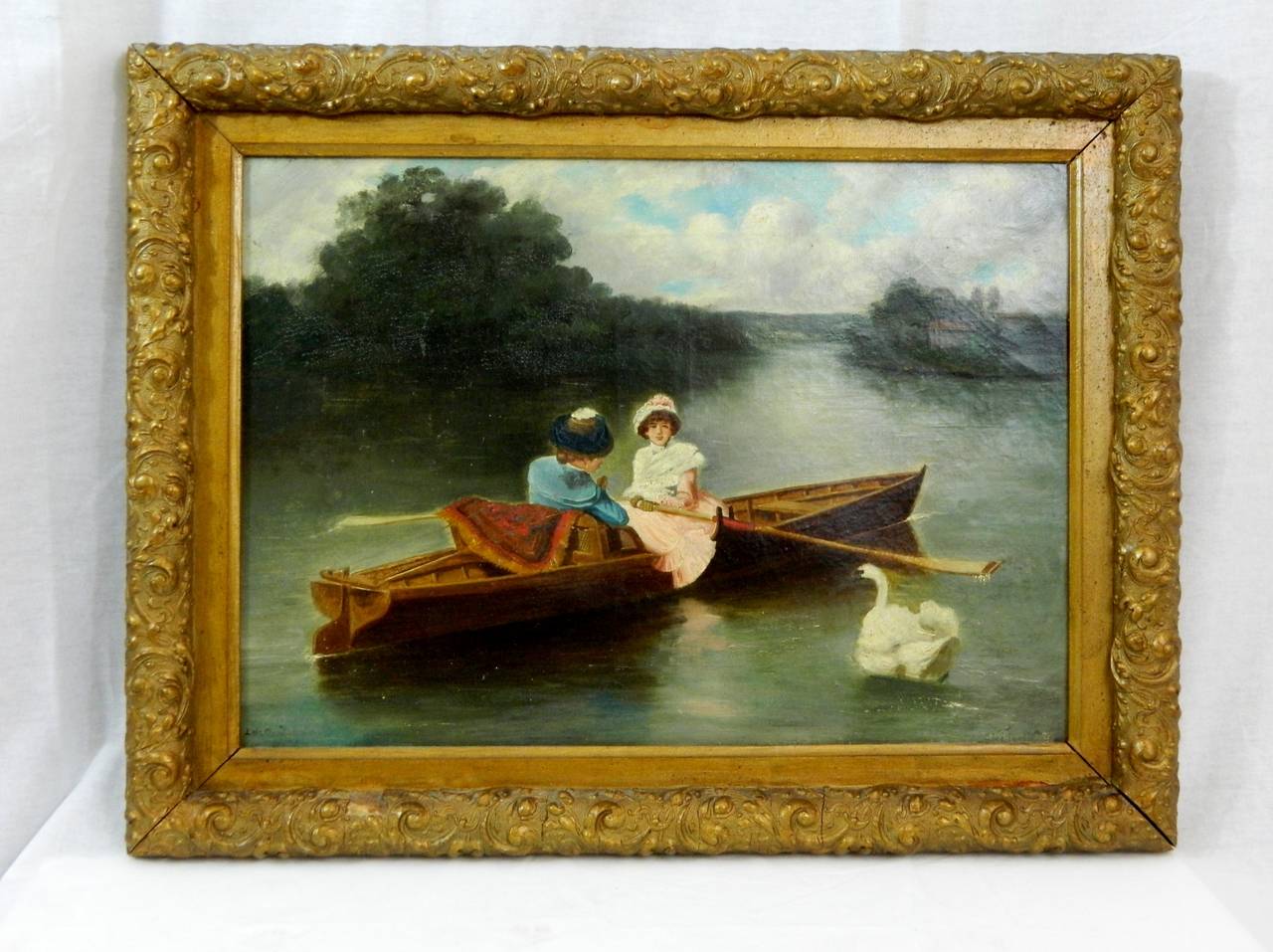 Oil on Canvas “Pastoral, Ladies in a Boat,”  Indistinctly Signed 