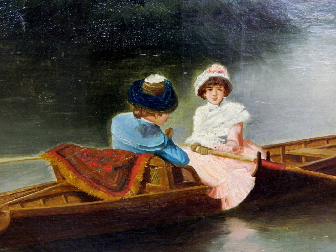 19th Century Oil on Canvas “Pastoral, Ladies in a Boat, ”  Indistinctly Signed 