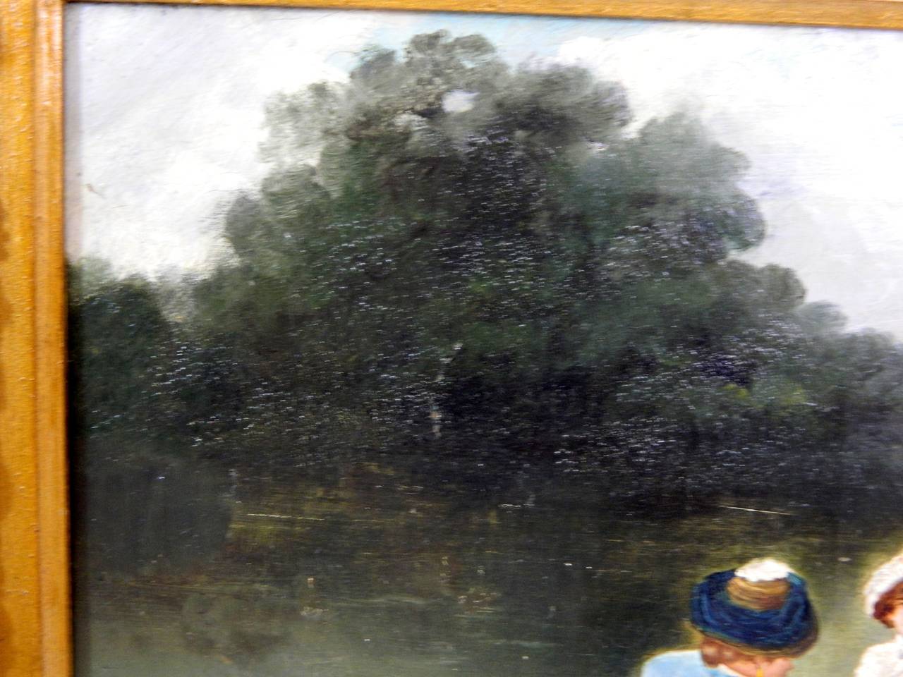Oil on Canvas “Pastoral, Ladies in a Boat, ”  Indistinctly Signed 