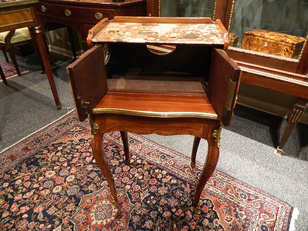 French Louis XV Side Table with Inlaid Old Spine Book Fronts, Marble-Top, 19th Century