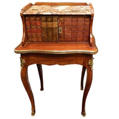 Louis XV Side Table with Inlaid Old Spine Book Fronts, Marble-Top, 19th Century