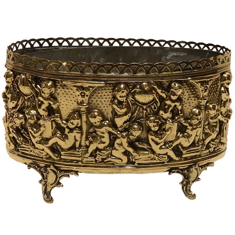 French Brass Oval Jardiniere with Cherub Scenes