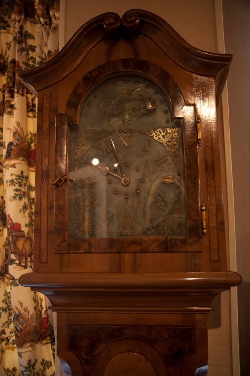 German Baroque Style Inlaid Walnut Tall Case Clock, 19th Century In Good Condition For Sale In Savannah, GA