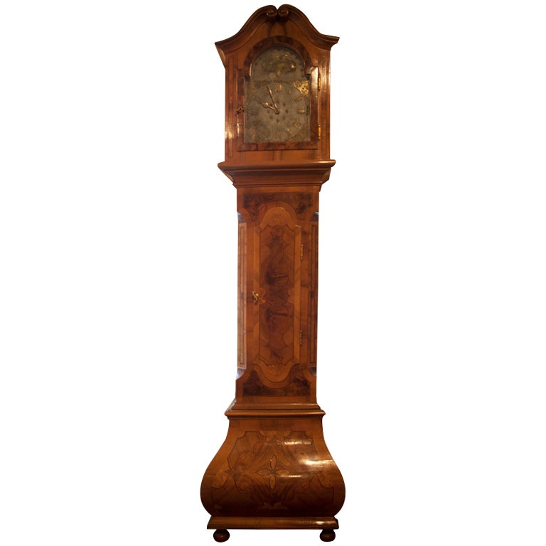 German Baroque Style Inlaid Walnut Tall Case Clock, 19th Century For Sale