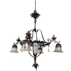 Vintage Chandelier in wrought Iron with glass