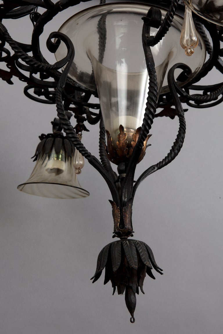 Chandelier in wrought Iron with glass