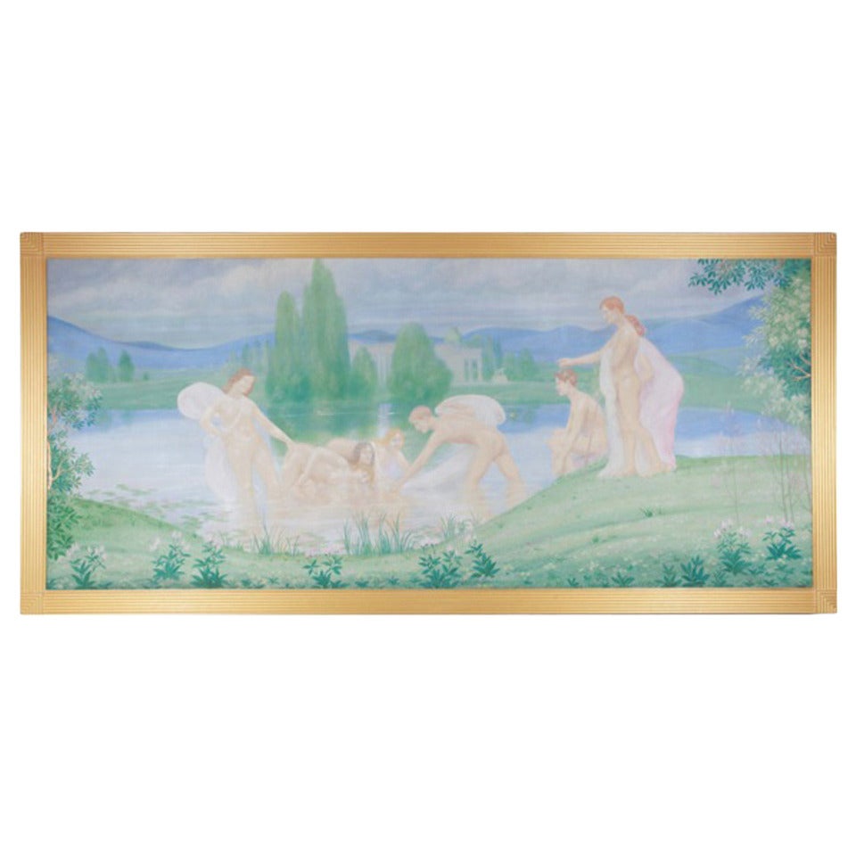 Young Girls and Boys Bathing in a Pond in a Symbolist Landscape For Sale