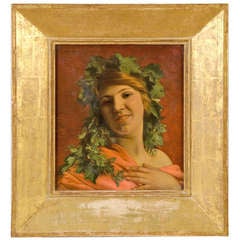Bacchante with crown made of laurel and grape leaves