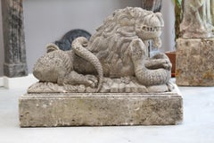 Statues 'Pair' Lions Canova Renaissance Style Hand Carved Limestone 20th Century