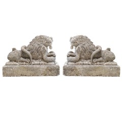 Pair of Lions, handcrafted in limestone by French artist 12