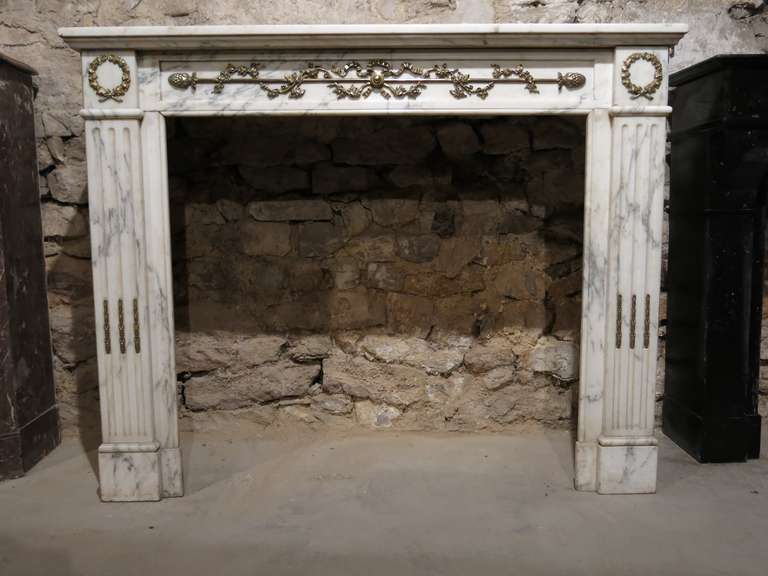Parisian Louis XVI Style Fireplace White Marble Brass Ormolu Leaves 19th Century