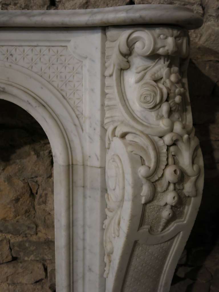Hand-Carved Embassy Quality French Regence Style Fireplace White Marble 19th Century France For Sale