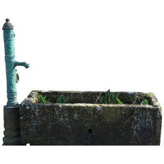 Antique French Village Limestone Water Fountain with Iron Water Pump, France, circa 1800
