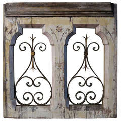 Antique French Chapel Unique Window in Wood and Iron with Original Painting 19th Century France