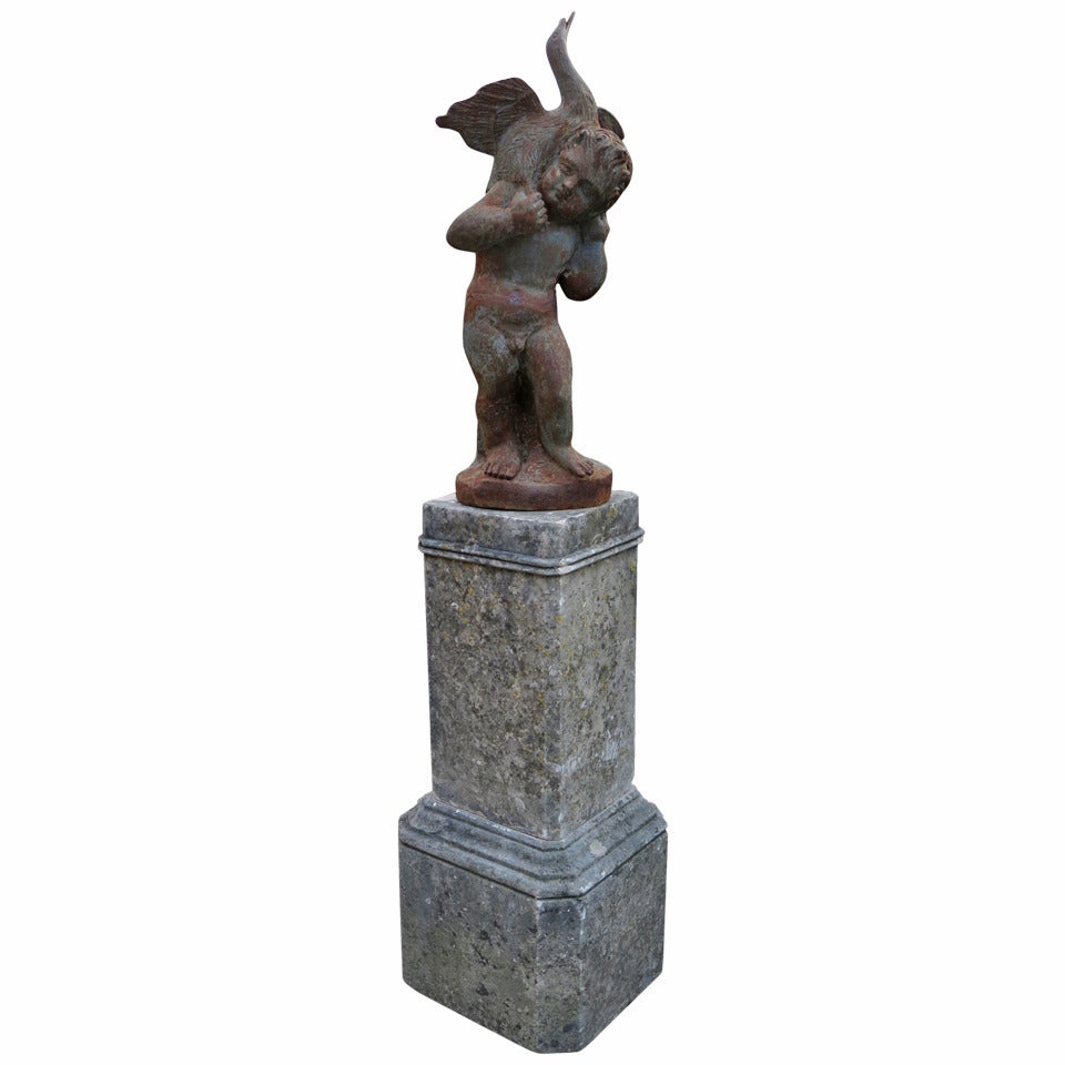 French Statue in Iron with Antique Limestone Base from 1900s, France For Sale