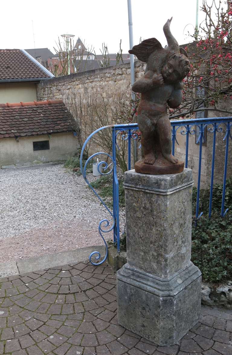 French statue in cast iron with antique limestone base from the 1900s from France.
