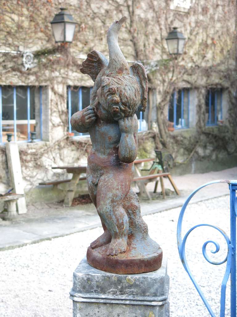 20th Century French Statue in Iron with Antique Limestone Base from 1900s, France For Sale