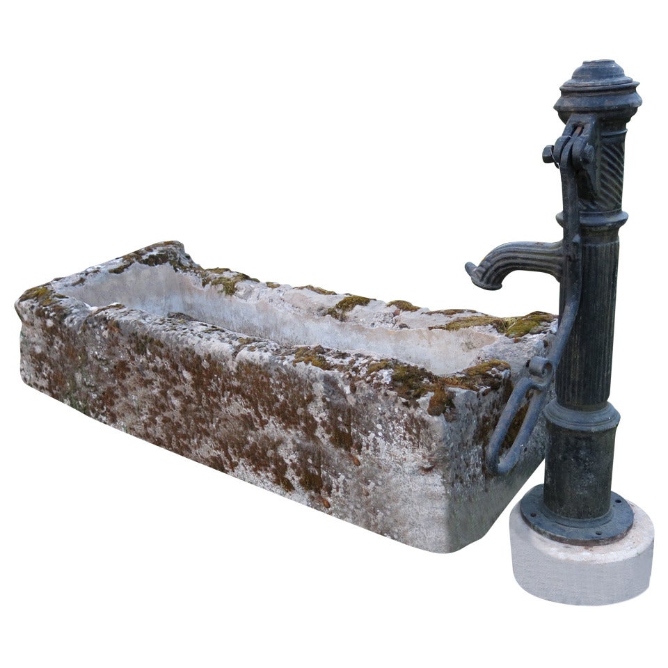 French Fountain in Limestone and Iron Water-Pump, 19th Century, France For Sale