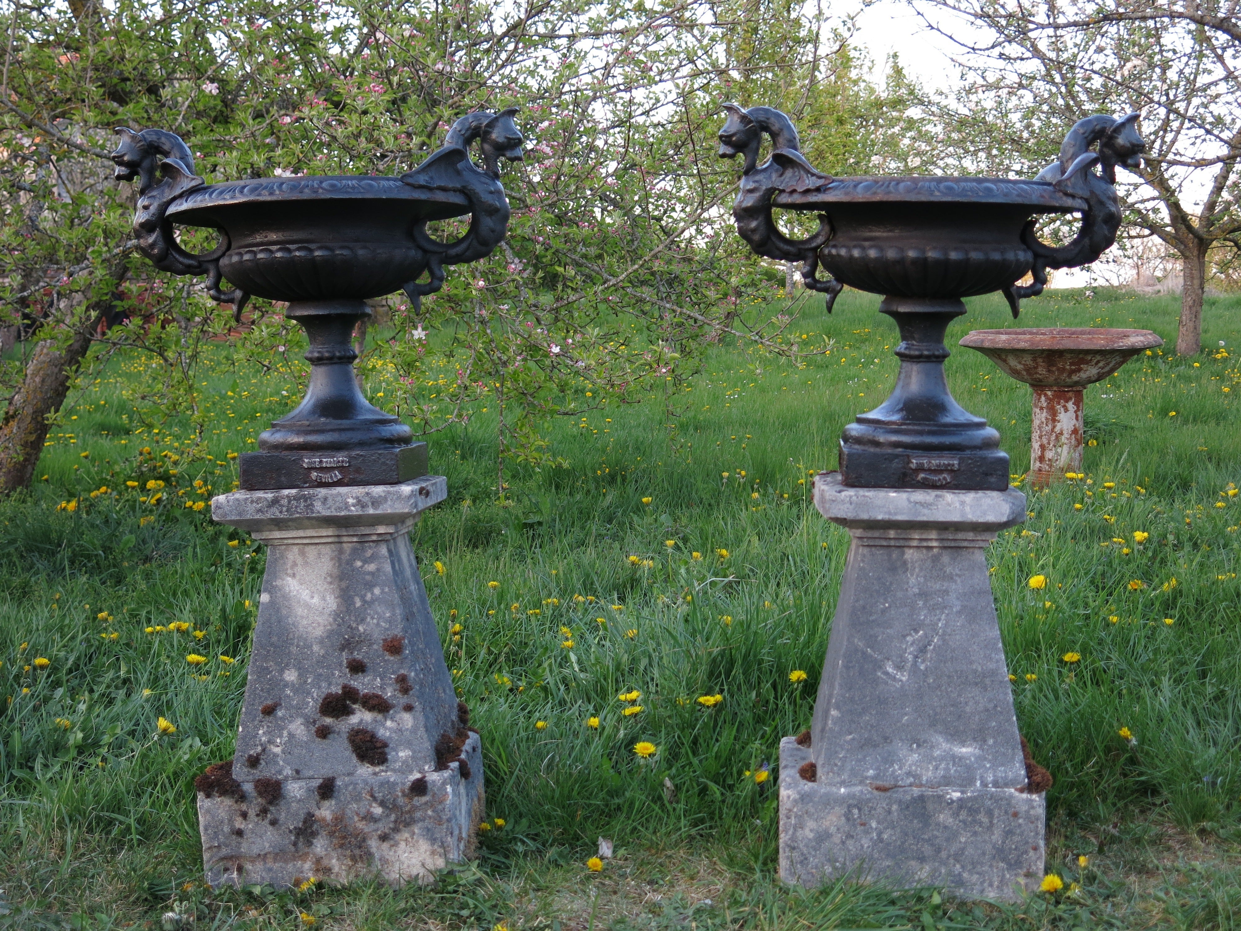 Rare Dragons Vases Iron signed "Jose ... Sevilla" 1800s Limestone Pedestals