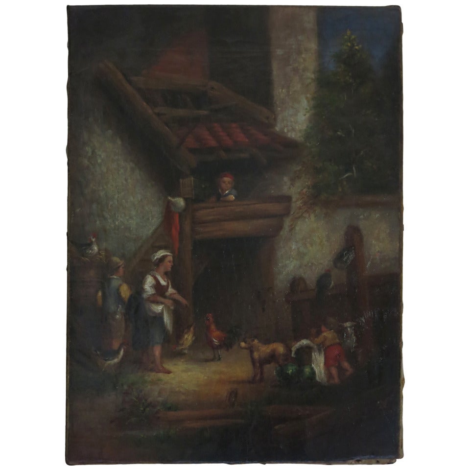French Antique Oil Painting "Farmyard Scene", 19th Century, France For Sale