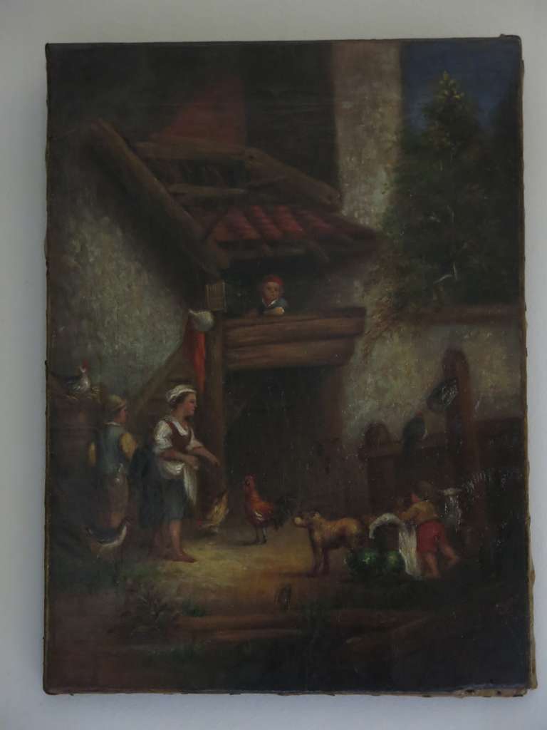 French Antique Oil Painting "Farmyard Scene", 19th Century, France