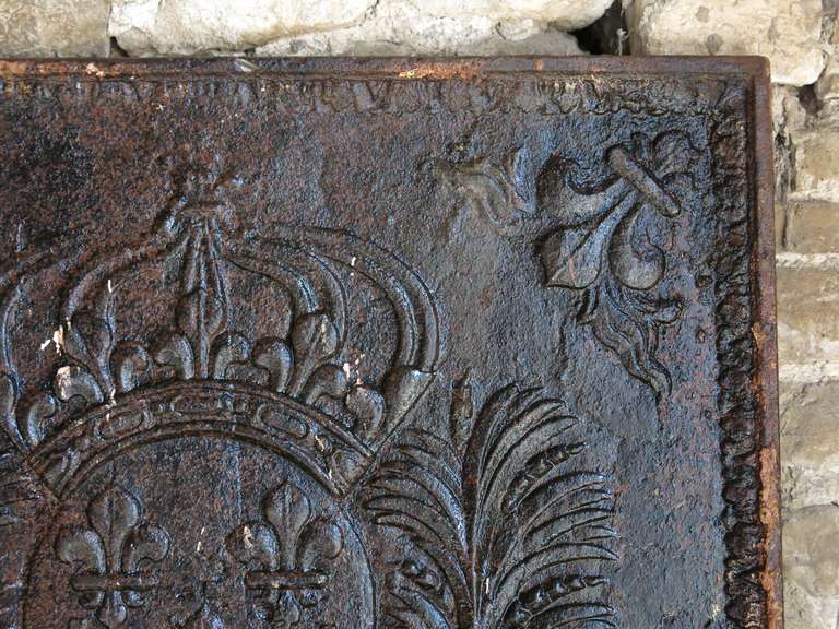 French Crown-Fleurs de Lys Fireback in Iron, circa 1700s, Paris, France 2