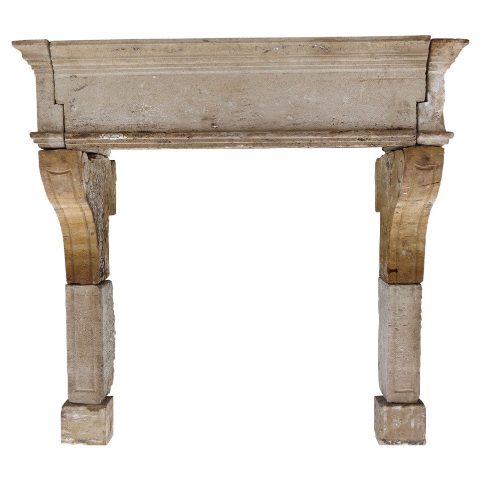 French Antique Louis XIII Style Fireplace in Limestone, France, circa 1650s For Sale