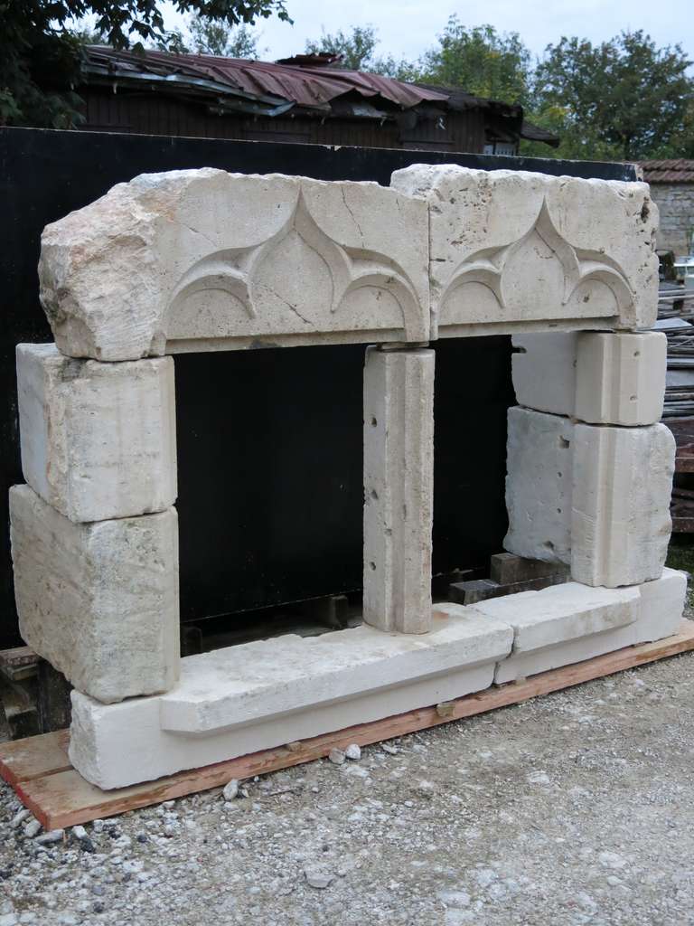 Chateau Gothic Period Double French Windows Hand Carved Limestone, France For Sale 5