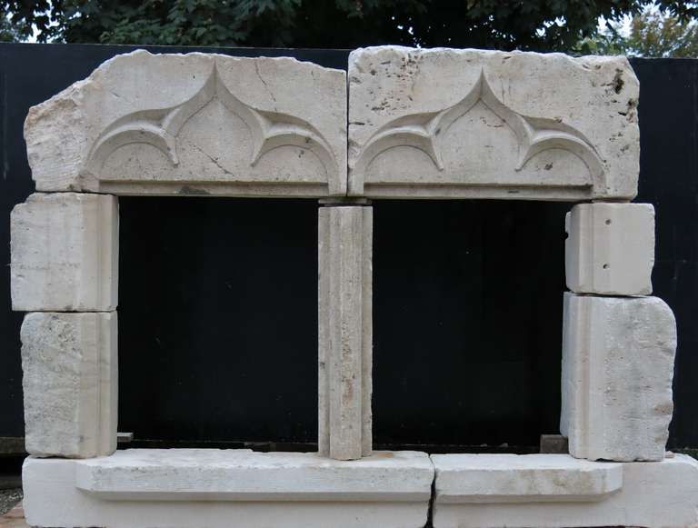 Chateau Gothic Period Double French Windows Hand Carved Limestone, France In Good Condition For Sale In LOS ANGELES, CA