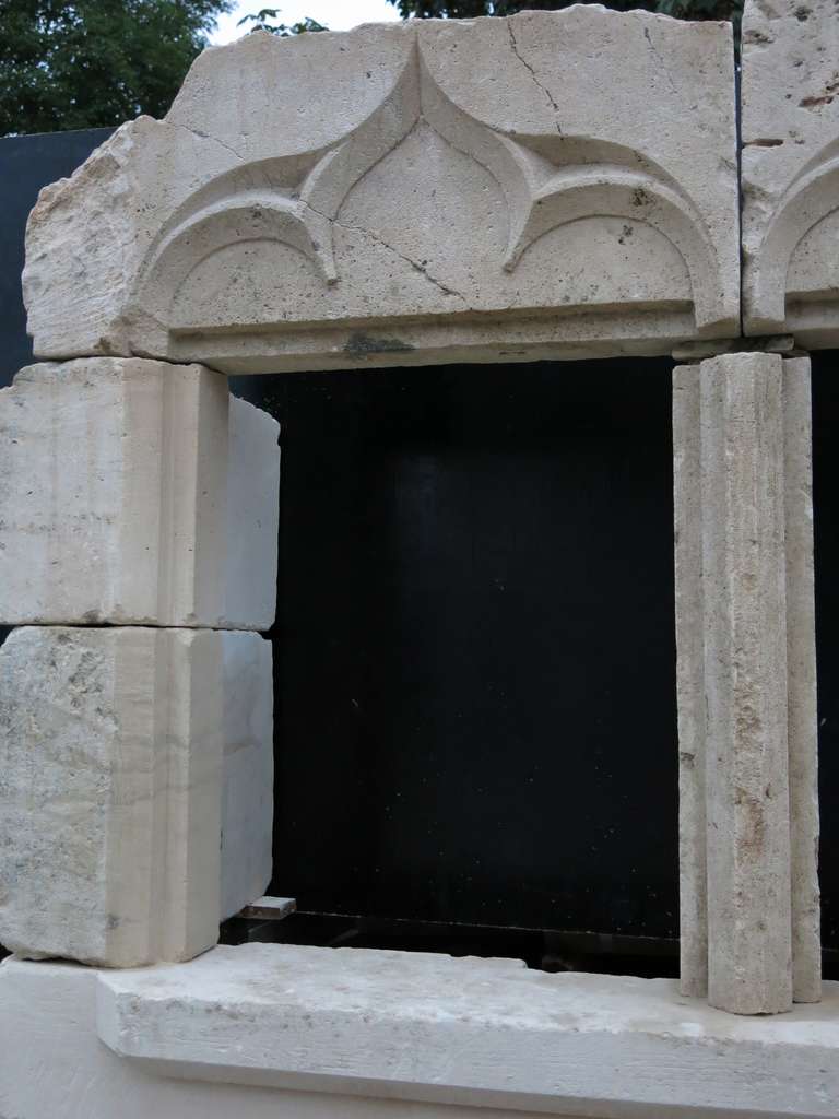 18th Century and Earlier Chateau Gothic Period Double French Windows Hand Carved Limestone, France For Sale