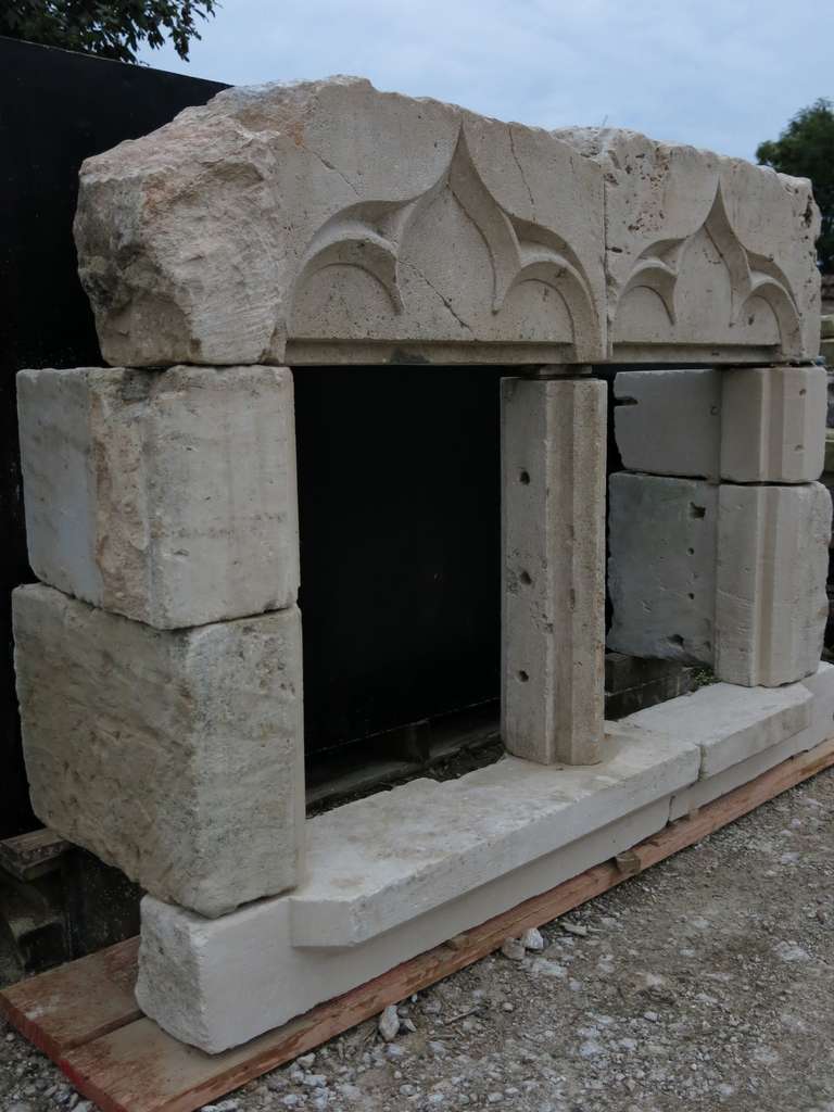 Chateau Gothic Period Double French Windows Hand Carved Limestone, France For Sale 4