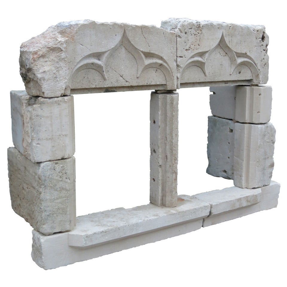 Chateau Gothic Period Double French Windows Hand Carved Limestone, France For Sale