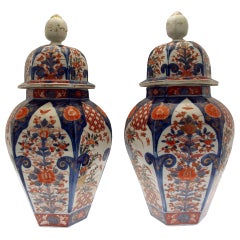 Pair of Imari Hexagonal Baluster Vases . Meiji  Period (Mid 19th century)