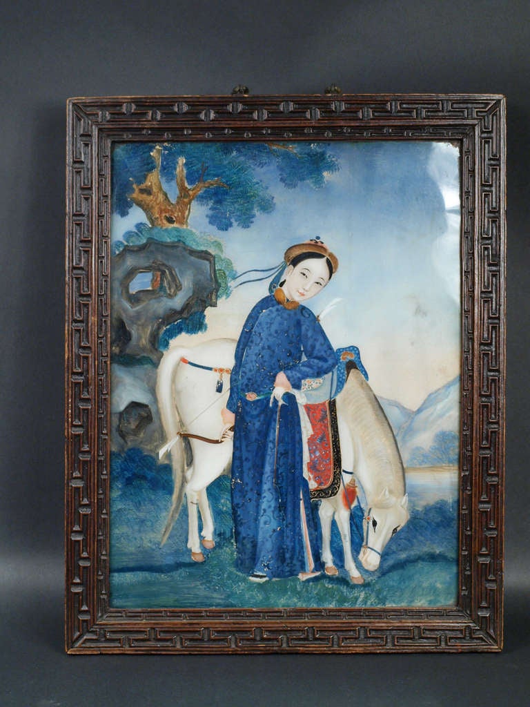 China, Chinese Reverse glass painting, circa 1840-1860. This original Chinese reverse glass painting represents a young ladywith her horse. Set in the original dark wwod frame. Reverse glass painting is the art of painting an image on the reverse