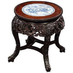 Antique China, Stool or Small Table with Porcelain Plaque, 19th Century