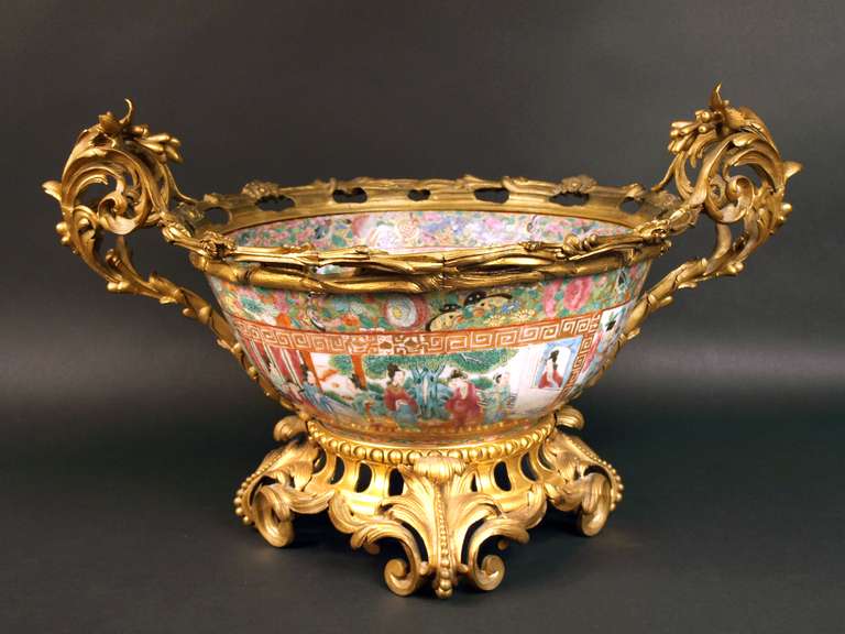 Large Cantonese, Rose Mandarin, punch bowl set in very rich French bronze mount. China for export, Canton.